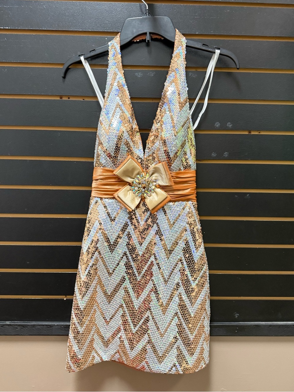 NWT Riva Designs Copper Silver Sequin Halter Mini Dress Size 4 Prom Party
